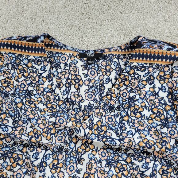 MSK Womens Dress Medium Blue Floral V-neck Baloon Sleeve Lace Trim Shift Midi - Picture 7 of 16